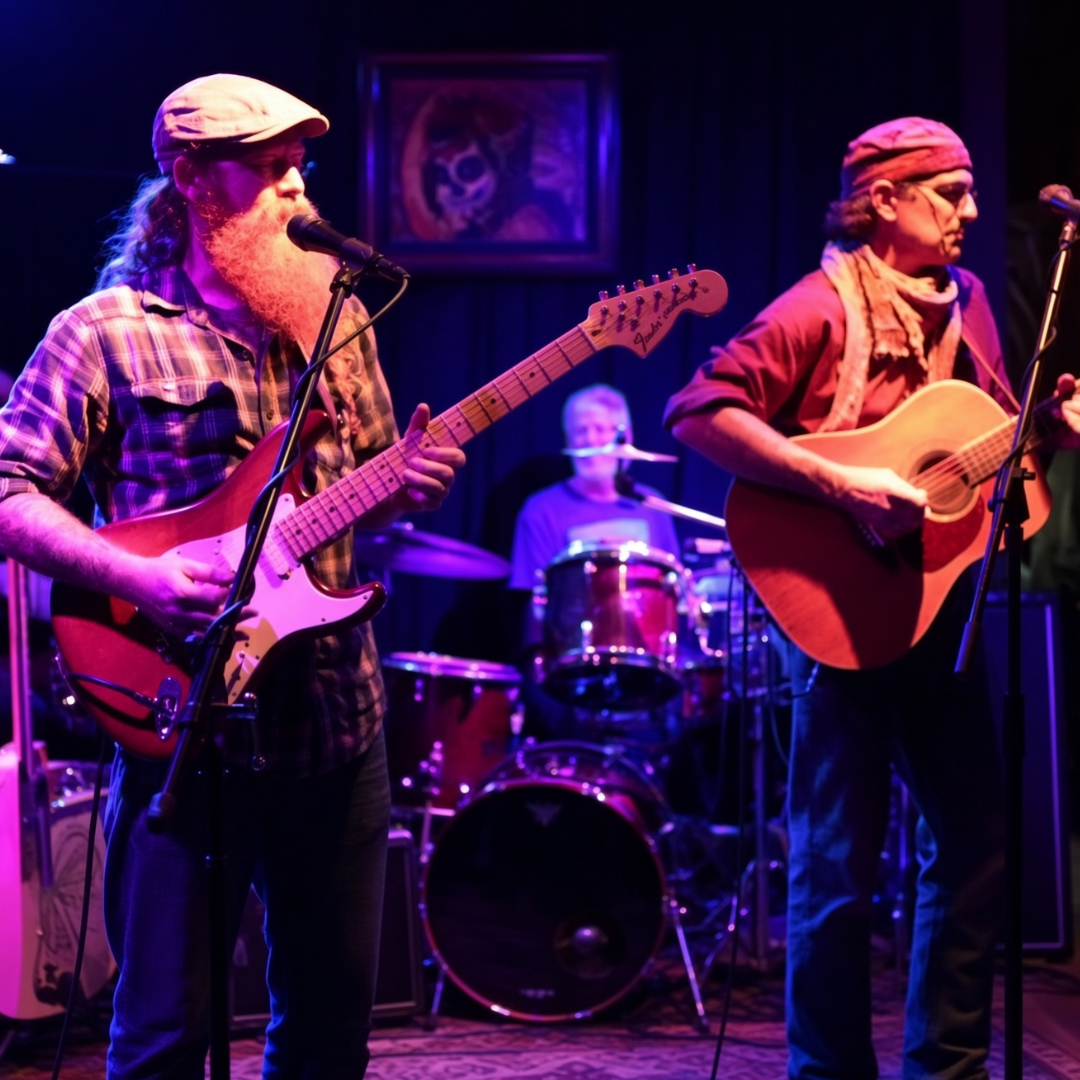 Band on a dim stage under purple lights with the drummer behind them