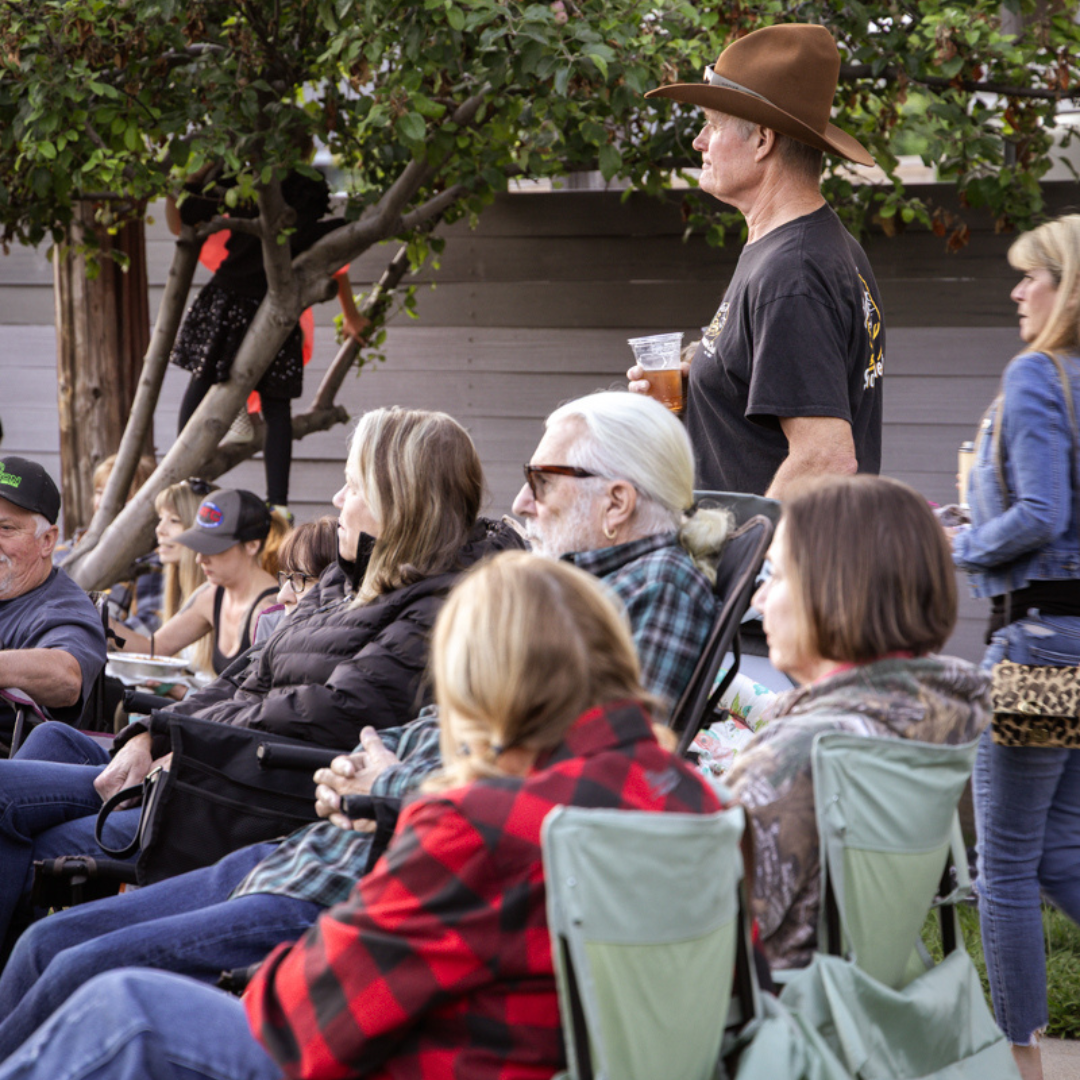 Neighbors in lawn chairs with a cold beer at a Live in Colfax show