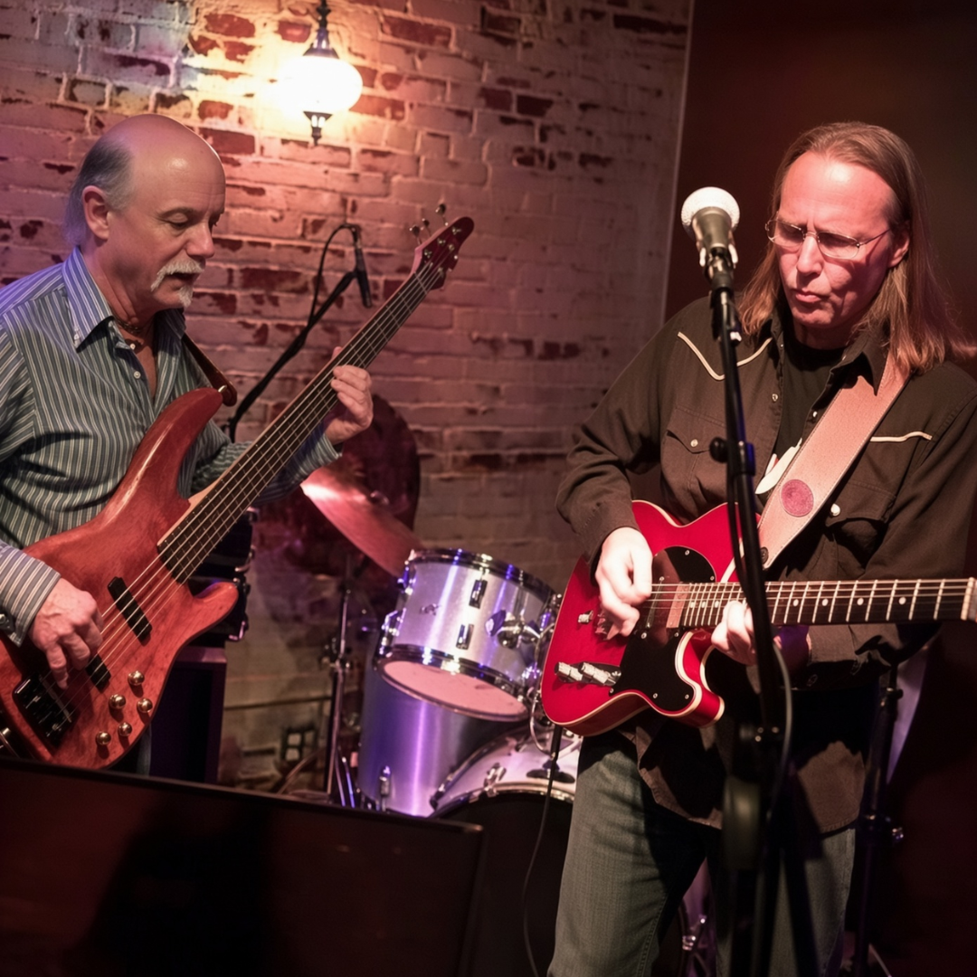 Bassist and guitarist performing against an exposed brick wall