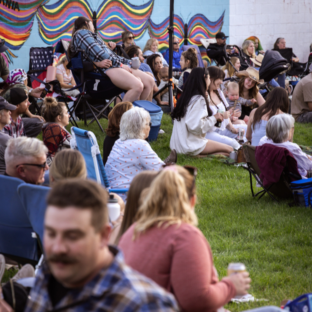 Families on the lawn in front of the Colfax butterfly mural at a past concert