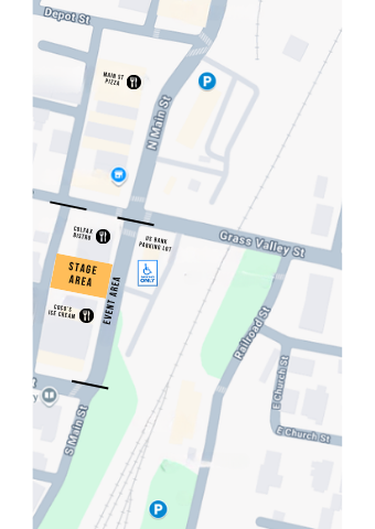 Map of downtown Colfax showing the Iron Horse Music Festival stage area on South Main Street, the event area, nearby restaurants and parking lots