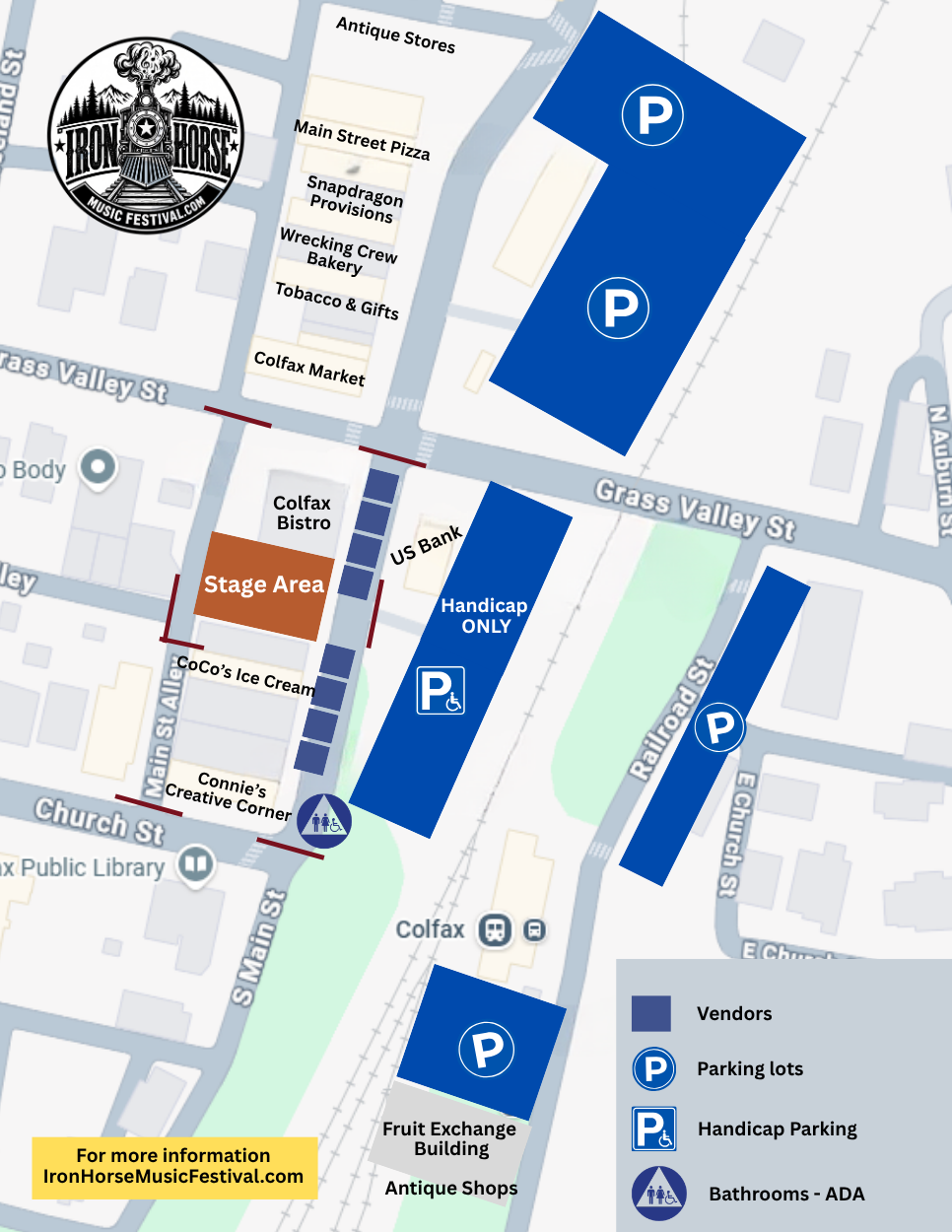 Map of downtown Colfax showing the Iron Horse Music Festival stage area on South Main Street, the event area, nearby restaurants and parking lots