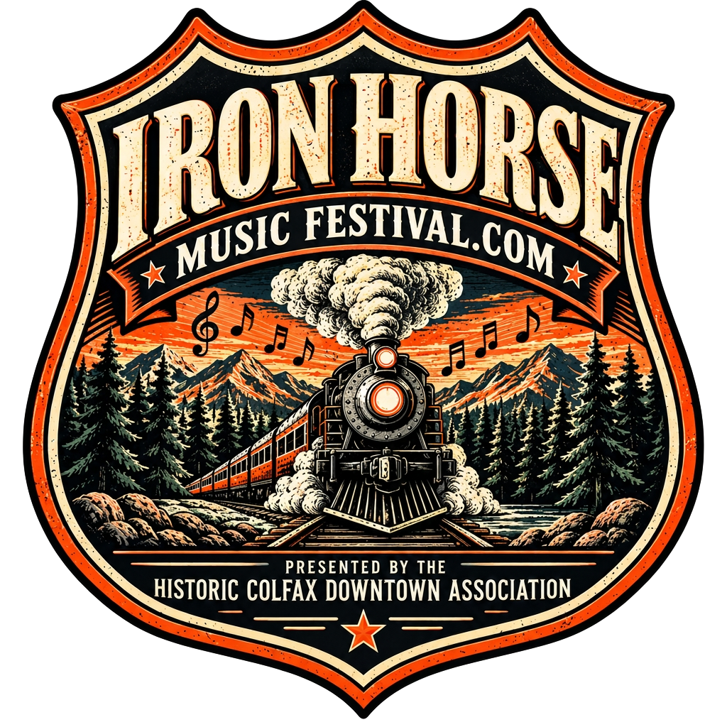 Iron Horse Music Festival badge: vintage shield with a steam locomotive, Sierra Nevada mountains, pine trees and musical notes